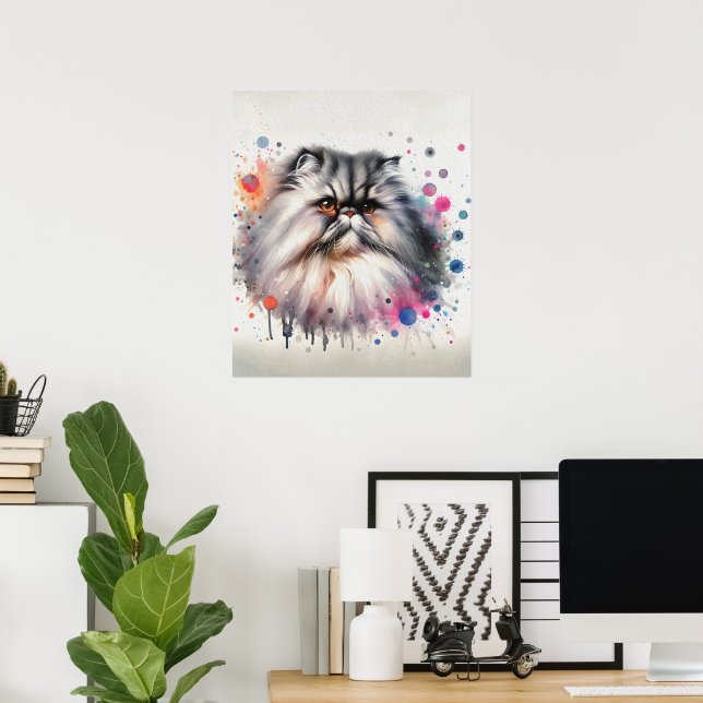 Watercolor Persian Cat Colourful Portrait Poster (Home Office)