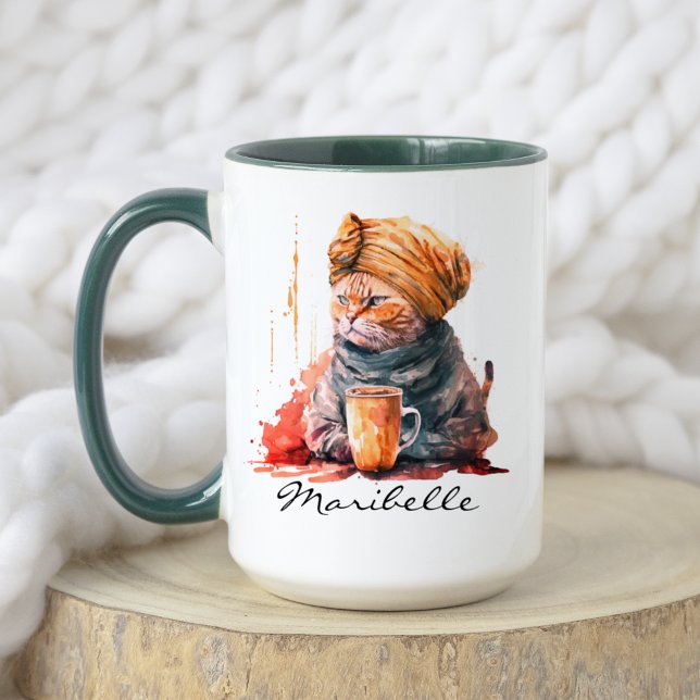 Watercolor Persian Cat with Turban Drinking Coffee Mug (Creator Uploaded)