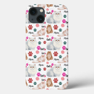 Watercolor Persian Cats And Paws Seamless Pattern iPhone 13 Case