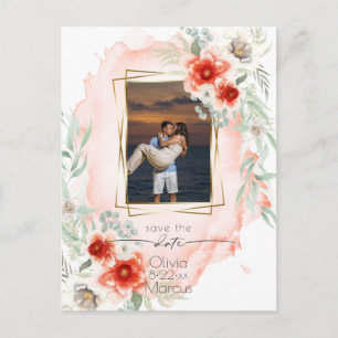 Watercolor Persimmon Floral Photo Save the Date Postcard