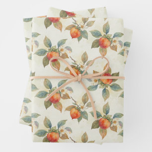 Watercolor Persimmon Fruit and Flowers Wrapping Paper Sheet