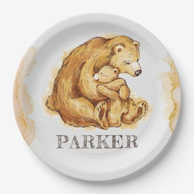 Watercolor Personalised Bear Paper Plate (Front)