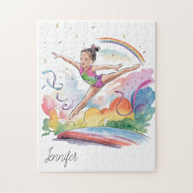 Watercolor Personalised Cute gymnastics girl Pink Jigsaw Puzzle (Vertical)