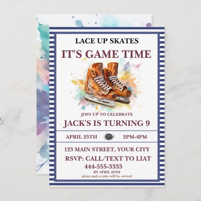 Watercolor Personalised Ice Hockey Birthday Theme  Invitation (Front/Back)