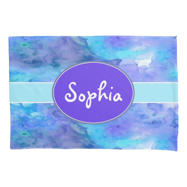 Watercolor Personalised Monogram Name Teal Purple Pillowcase (Front)