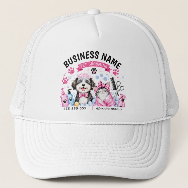 Watercolor Personalised Pet Grooming Trucker Hat (Front)