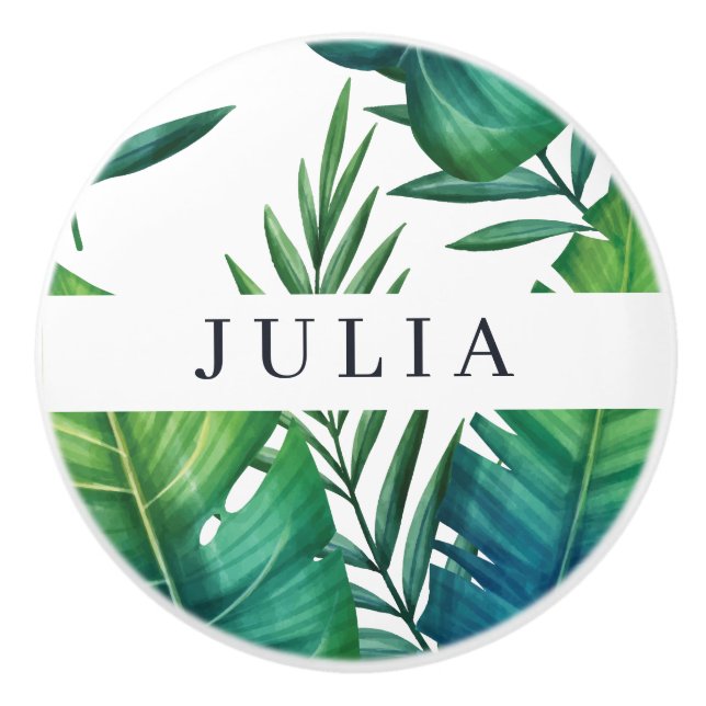 Watercolor Personalised Tropical Leaves Ceramic Knob (Front)