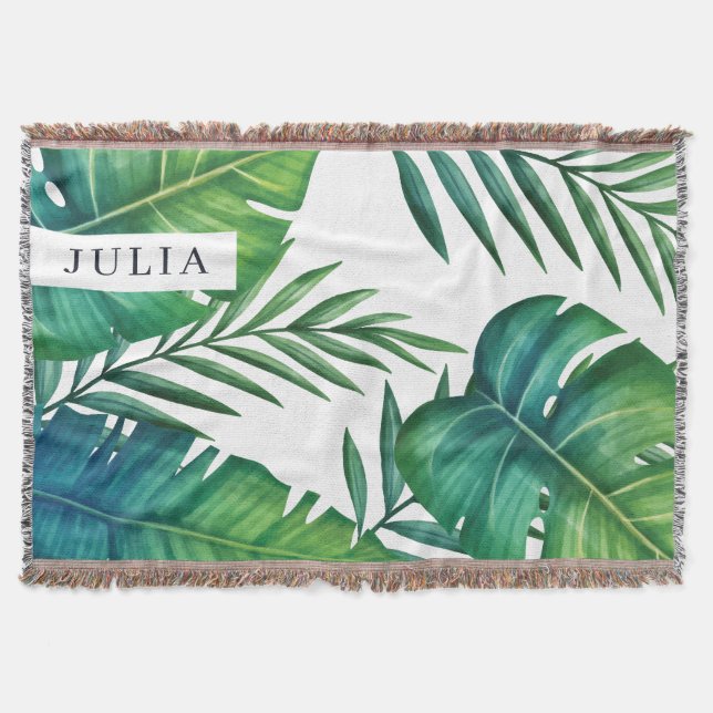 Watercolor Personalised Tropical Leaves Throw Blanket (Front)