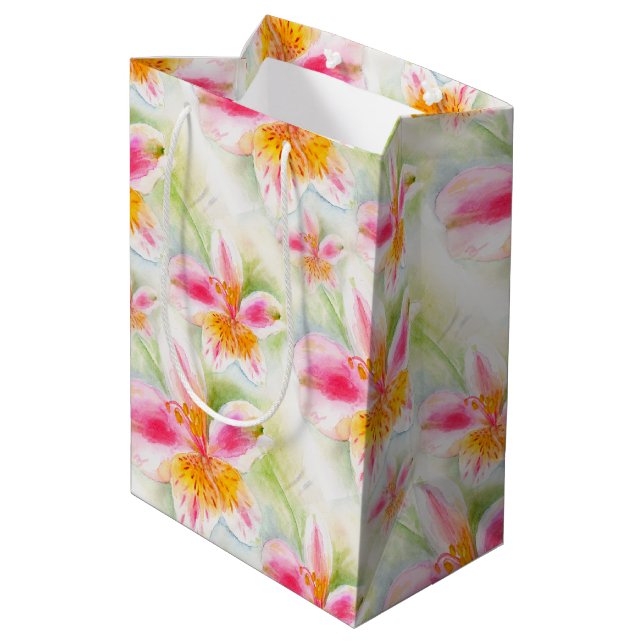 Watercolor Peruvian Lily Alstroemeria art gift bag (Back Angled)