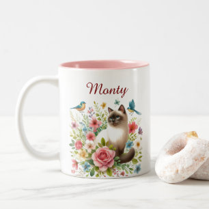 Watercolor Pet Cat Portrait Script Name floral Two-Tone Coffee Mug