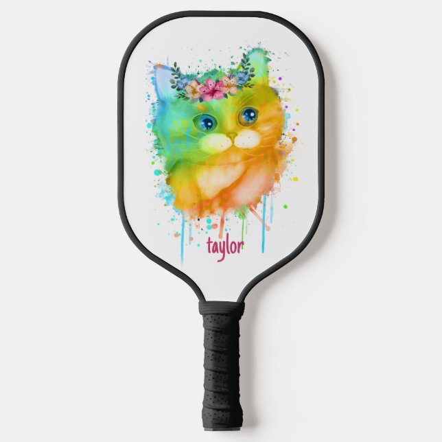 Watercolor Pet Cat with flowers Pickleball Paddle (Front)