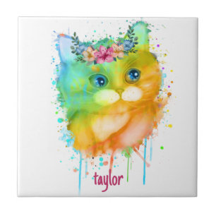 Watercolor Pet Cat with flowers Tile