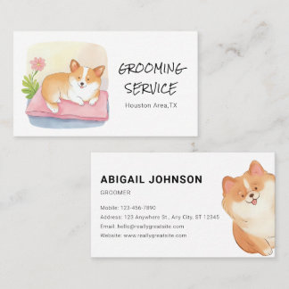 Watercolor Pet Grooming with Cute Corgi Design Business Card