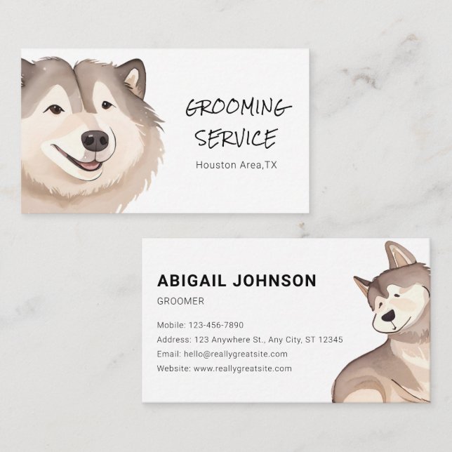 Watercolor Pet Grooming with Husky Business Card (Front/Back)