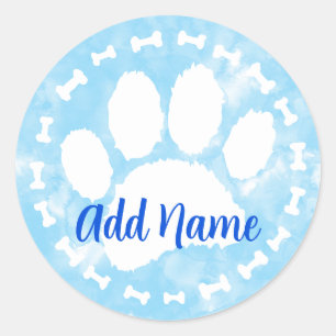 Watercolor Pet Paw Print and Bones Blue Classic Round Sticker
