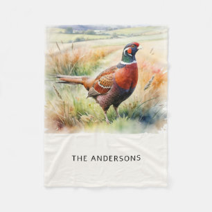 Watercolor Pheasant Print Personalised Throw Fleece Blanket