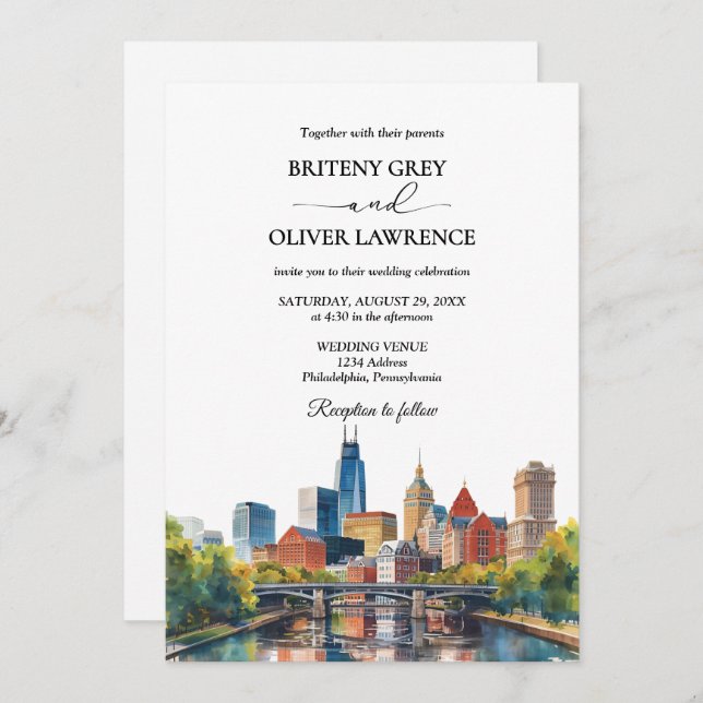 Watercolor Philadelphia Pennsylvania City Wedding Invitation (Front/Back)