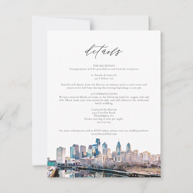 Watercolor Philadelphia Skyline Details Card (Front)