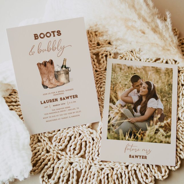 Watercolor Photo Boots & Bubbly Bridal Shower Invitation (Creator Uploaded)