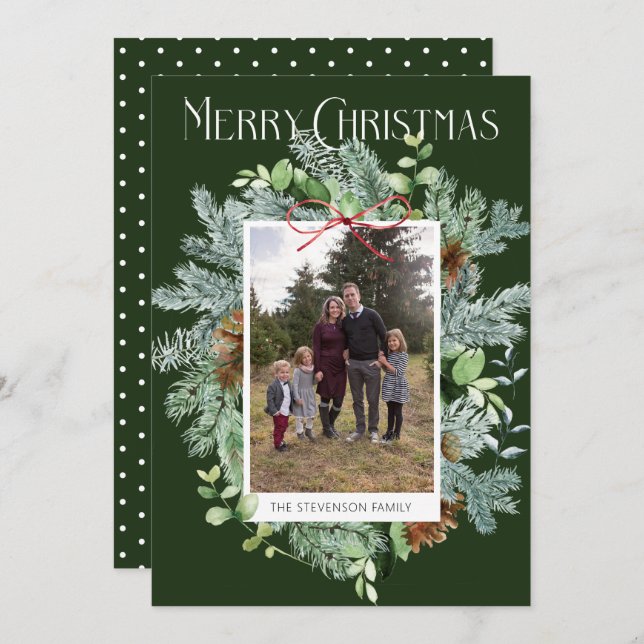 Watercolor Photo Christmas Greenery Greeting Card (Front/Back)