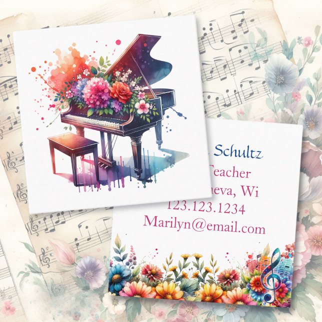 Watercolor Piano and Flowers Personalised Teacher Square Business Card (Creator Uploaded)