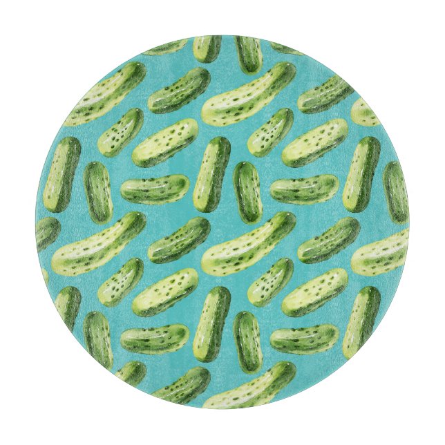 Watercolor Pickles on Turquoise Cutting Board (Front)