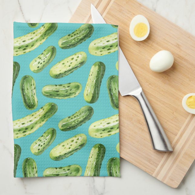 Watercolor Pickles on Turquoise Tea Towel (Quarter Fold)