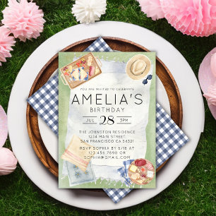 Watercolor Picnic Birthday Blue Gingham Party Invitation