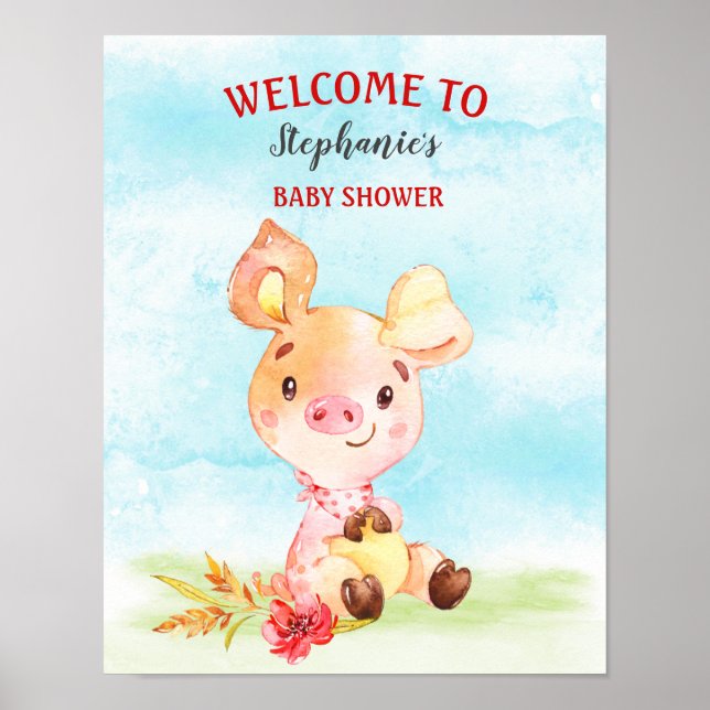 Watercolor Piggy Baby Shower Farm Poster (Front)