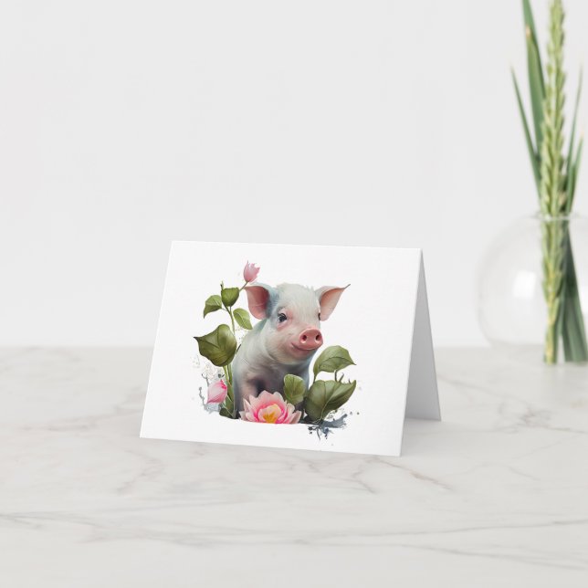 Watercolor Piglet with Flowers BLANK  Card (Front)