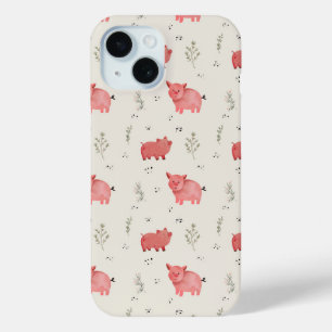 Watercolor Pigs And Flowers Seamless Pattern iPhone 15 Case
