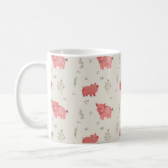 Watercolor Pigs And Flowers Seamless Pattern Coffee Mug (Left)