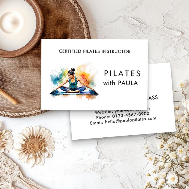 Watercolor Pilates Instructor Business Card (Certified Pilates Instructor Business Card by Busy Business Bee)