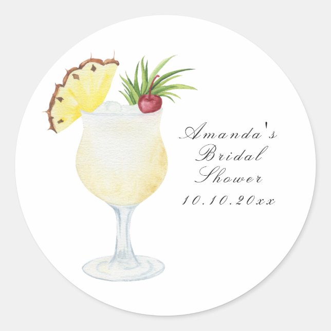 Watercolor Pina Colada Cocktail Bridal Shower Classic Round Sticker (Front)