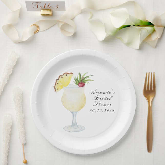Watercolor Pina Colada Cocktail Bridal Shower Paper Plate (Wedding)