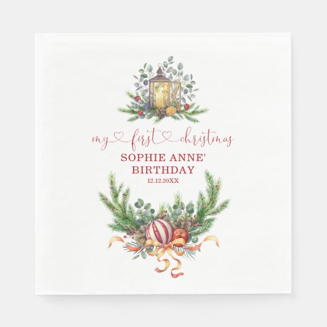 Watercolor Pine 1st Christmas Birthday Calligraphy Napkin (Front)