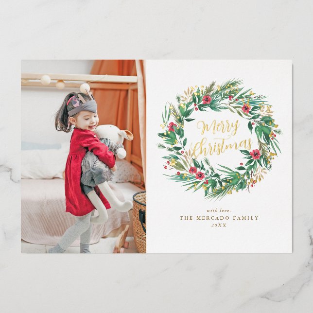 Watercolor Pine and Berry Wreath Christmas Photo (Front)