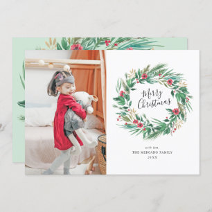 Watercolor Pine and Berry Wreath Christmas Photo Invitation