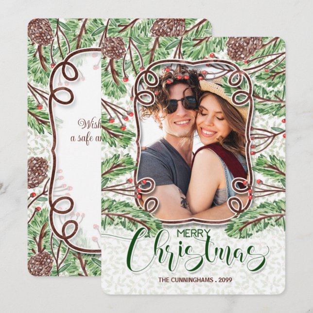 Watercolor Pine and Branches Merry Christmas Photo Holiday Card (Front/Back)