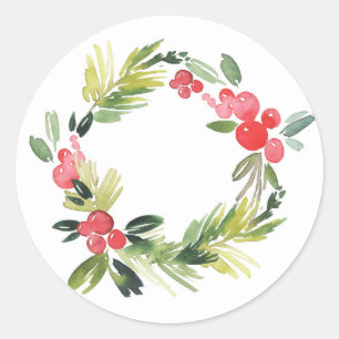 Watercolor Pine and Holly Wreath Botanical Holiday Classic Round Sticker