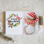 Watercolor Pine and Holly Wreath Christmas Photo Foil Holiday Card<br><div class="desc">Send your holiday wishes to friends and family with this customisable Christmas card. This gold foil Christmas card features a watercolour wreath of pine needles and holly with "Merry Christmas" in brush calligraphy. Personalise it by adding your own details. This photo Christmas card is available on other cardstock. Matching items...</div>