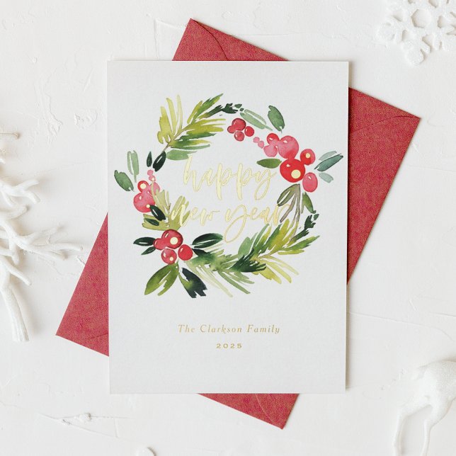 Watercolor Pine and Holly Wreath Happy New Year (Creator Uploaded)