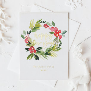 Watercolor Pine and Holly Wreath Happy New Year Foil Holiday Postcard