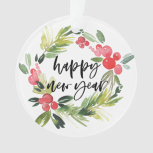 Watercolor Pine and Holly Wreath Happy New Year Ornament