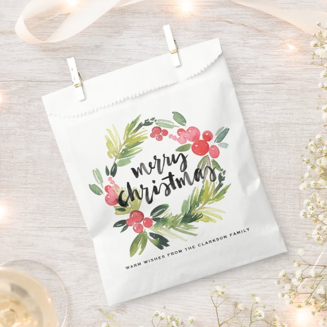 Watercolor Pine and Holly Wreath Merry Christmas Favour Bags (Clipped)