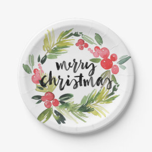 Watercolor Pine and Holly Wreath Merry Christmas Paper Plate