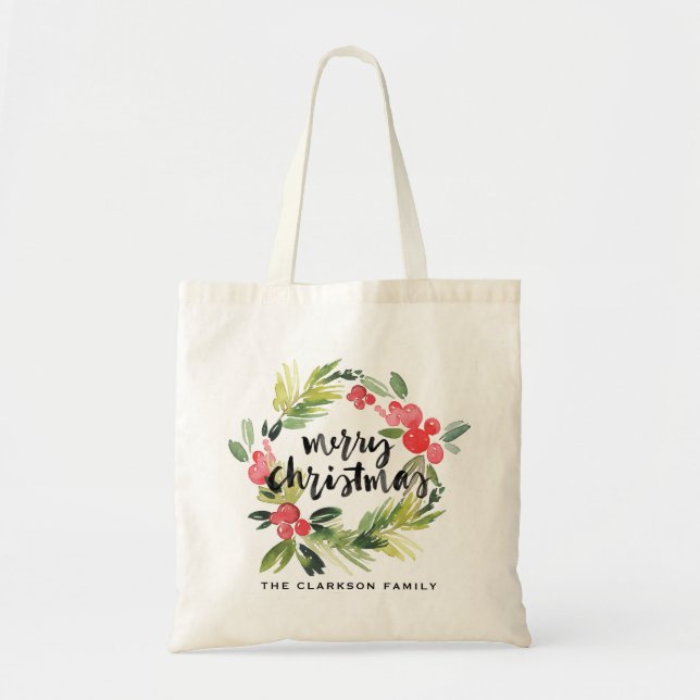 Watercolor Pine and Holly Wreath Merry Christmas Tote Bag (Front)