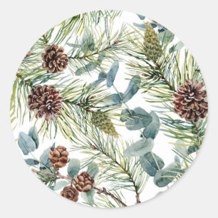 Watercolor Pine and Pine Cones Pattern Christmas Classic Round Sticker