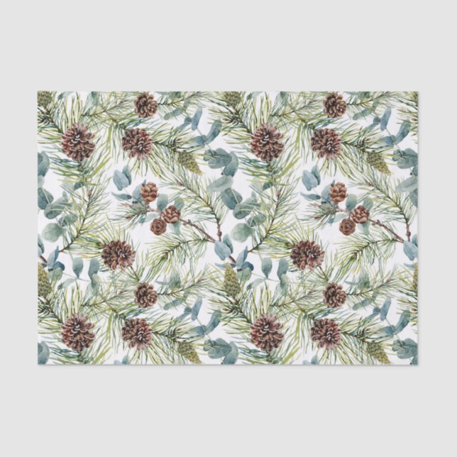 Watercolor Pine and Pine Cones Pattern Christmas Tissue Paper (Front)