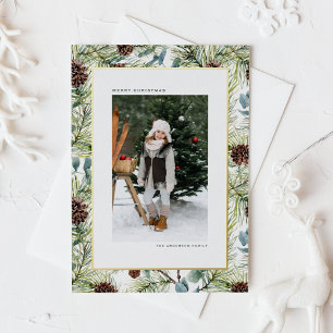 Watercolor Pine and Pine Cones Photo Christmas Foil Holiday Postcard